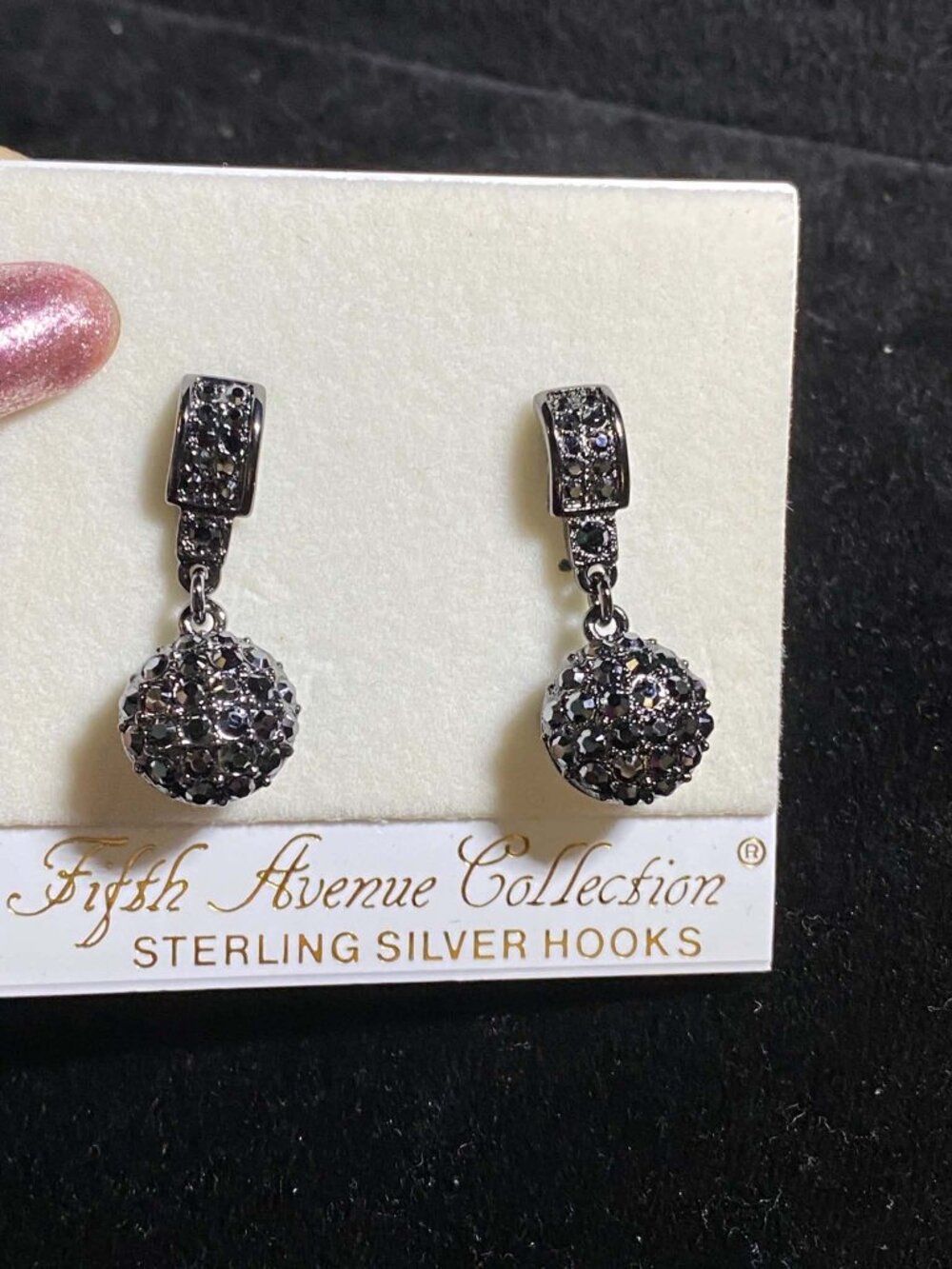 Swarovski Black Crystal Encrusted Ball Dangle Evening Earrings Fifth Avenue .925